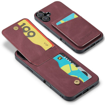 For iPhone 16 Fierre Shann Crazy Horse Card Holder Back Cover PU Phone Case(Wine Red) by FIERRE SHANN
