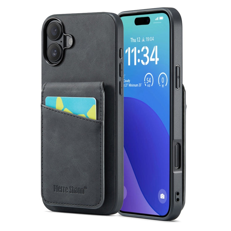 For iPhone 16 Fierre Shann Crazy Horse Card Holder Back Cover PU Phone Case(Black) by FIERRE SHANN