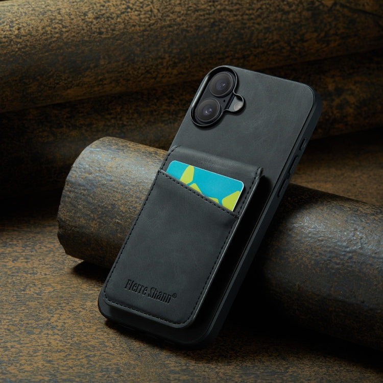 For iPhone 16 Fierre Shann Crazy Horse Card Holder Back Cover PU Phone Case(Black) by FIERRE SHANN