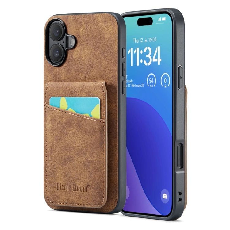 For iPhone 16 Fierre Shann Crazy Horse Card Holder Back Cover PU Phone Case(Brown) by FIERRE SHANN