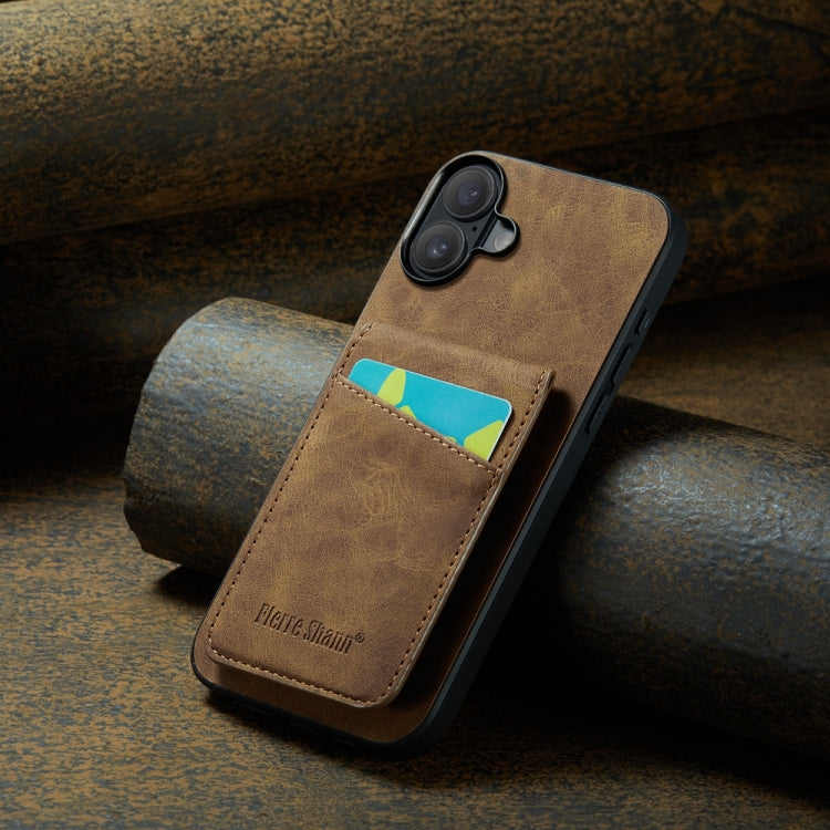 For iPhone 16 Fierre Shann Crazy Horse Card Holder Back Cover PU Phone Case(Brown) by FIERRE SHANN