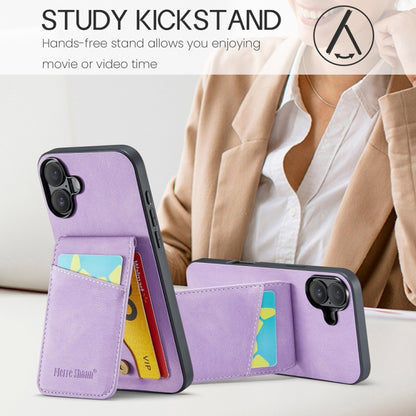 For iPhone 16 Fierre Shann Crazy Horse Card Holder Back Cover PU Phone Case(Purple) by FIERRE SHANN