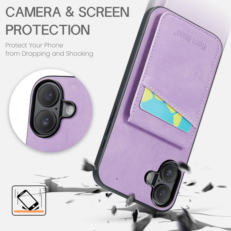 For iPhone 16 Fierre Shann Crazy Horse Card Holder Back Cover PU Phone Case(Purple) by FIERRE SHANN