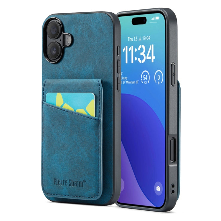 For iPhone 16 Fierre Shann Crazy Horse Card Holder Back Cover PU Phone Case(Blue) by FIERRE SHANN