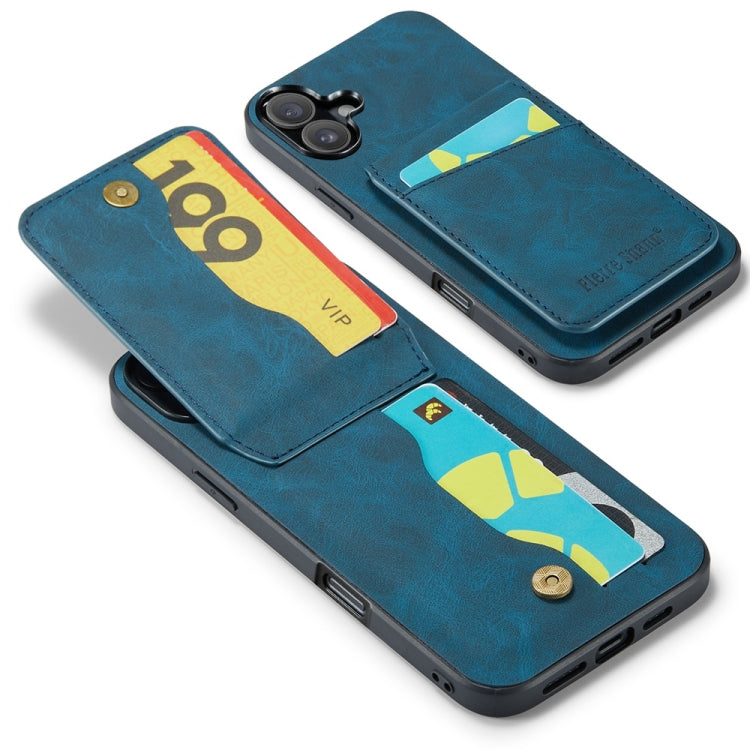 For iPhone 16 Fierre Shann Crazy Horse Card Holder Back Cover PU Phone Case(Blue) by FIERRE SHANN