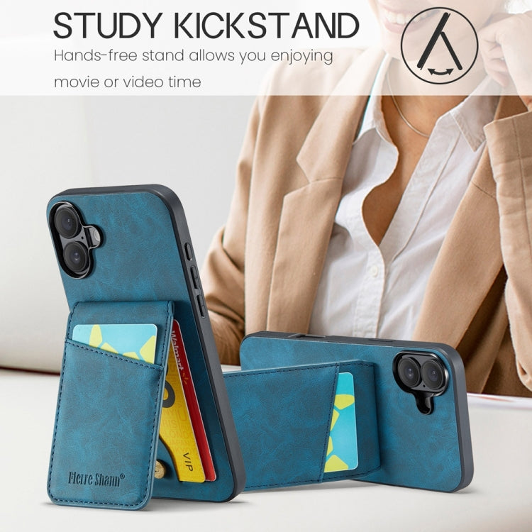 For iPhone 16 Fierre Shann Crazy Horse Card Holder Back Cover PU Phone Case(Blue) by FIERRE SHANN