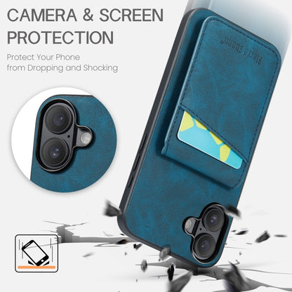 For iPhone 16 Fierre Shann Crazy Horse Card Holder Back Cover PU Phone Case(Blue) by FIERRE SHANN
