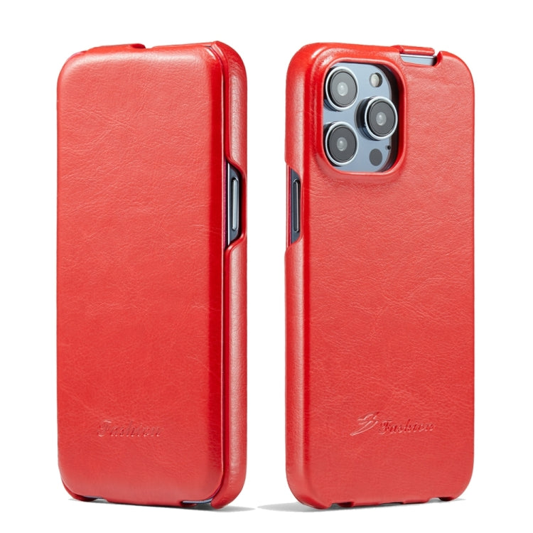 For iPhone 15 Pro Max Fierre Shann Oil Wax Texture Vertical Flip PU Phone Case(Red) by FIERRE SHANN