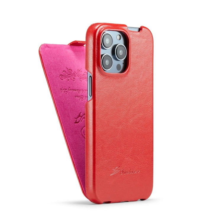 For iPhone 15 Pro Max Fierre Shann Oil Wax Texture Vertical Flip PU Phone Case(Red) by FIERRE SHANN