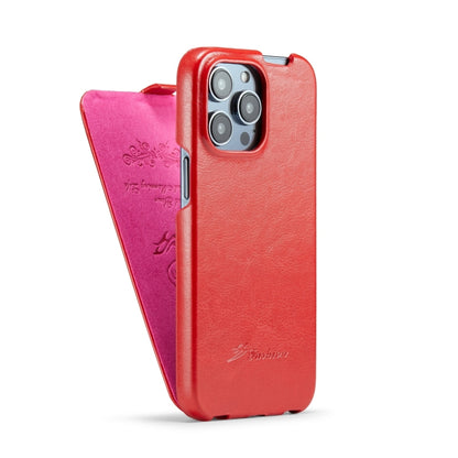 For iPhone 15 Pro Max Fierre Shann Oil Wax Texture Vertical Flip PU Phone Case(Red) by FIERRE SHANN