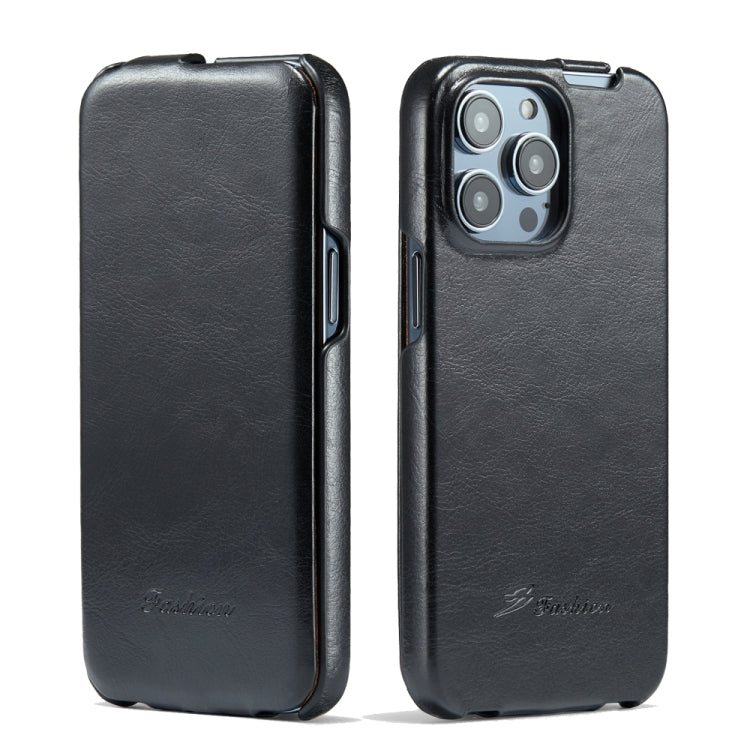For iPhone 15 Pro Fierre Shann Oil Wax Texture Vertical Flip PU Phone Case(Black) by FIERRE SHANN