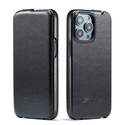 For iPhone 15 Pro Fierre Shann Oil Wax Texture Vertical Flip PU Phone Case(Black) by FIERRE SHANN