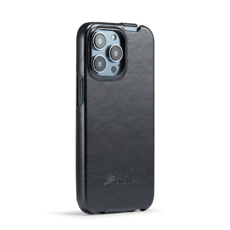 For iPhone 15 Pro Fierre Shann Oil Wax Texture Vertical Flip PU Phone Case(Black) by FIERRE SHANN