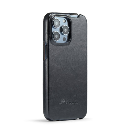 For iPhone 15 Pro Fierre Shann Oil Wax Texture Vertical Flip PU Phone Case(Black) by FIERRE SHANN