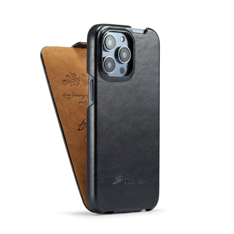 For iPhone 15 Pro Fierre Shann Oil Wax Texture Vertical Flip PU Phone Case(Black) by FIERRE SHANN