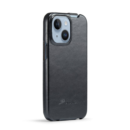 For iPhone 15 Plus Fierre Shann Oil Wax Texture Vertical Flip PU Phone Case(Black) by FIERRE SHANN