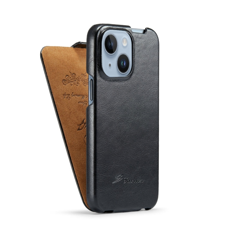 For iPhone 15 Plus Fierre Shann Oil Wax Texture Vertical Flip PU Phone Case(Black) by FIERRE SHANN