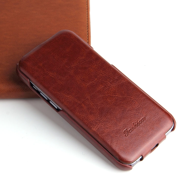 For iPhone 15 Fierre Shann Oil Wax Texture Vertical Flip PU Phone Case(Brown) by FIERRE SHANN