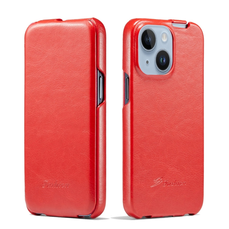 For iPhone 15 Fierre Shann Oil Wax Texture Vertical Flip PU Phone Case(Red) by FIERRE SHANN