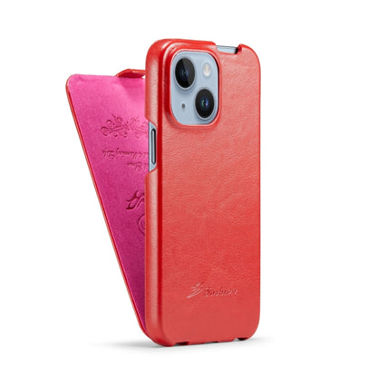 For iPhone 15 Fierre Shann Oil Wax Texture Vertical Flip PU Phone Case(Red) by FIERRE SHANN