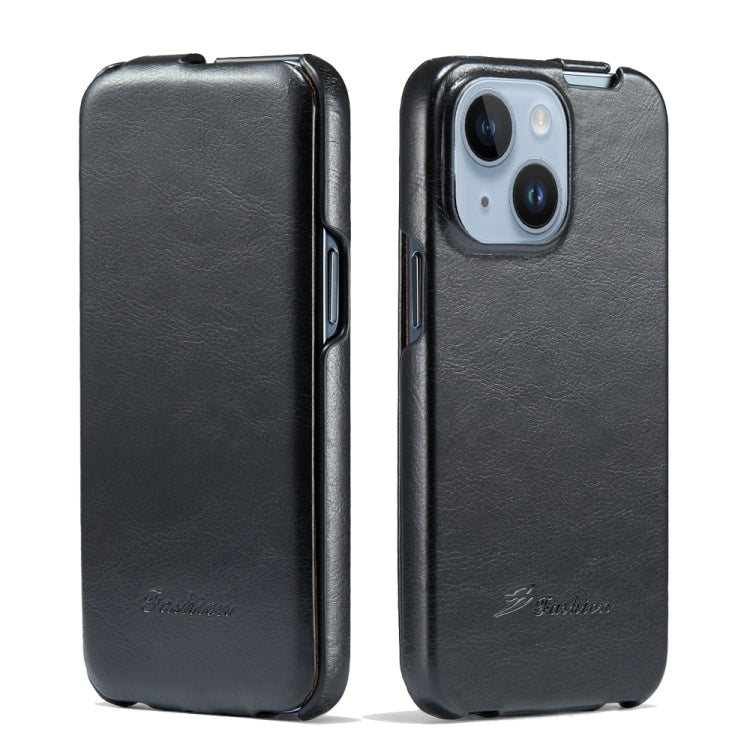 For iPhone 15 Fierre Shann Oil Wax Texture Vertical Flip PU Phone Case(Black) by FIERRE SHANN
