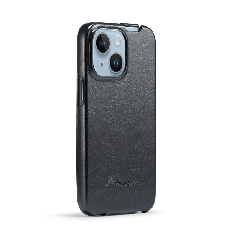 For iPhone 15 Fierre Shann Oil Wax Texture Vertical Flip PU Phone Case(Black) by FIERRE SHANN