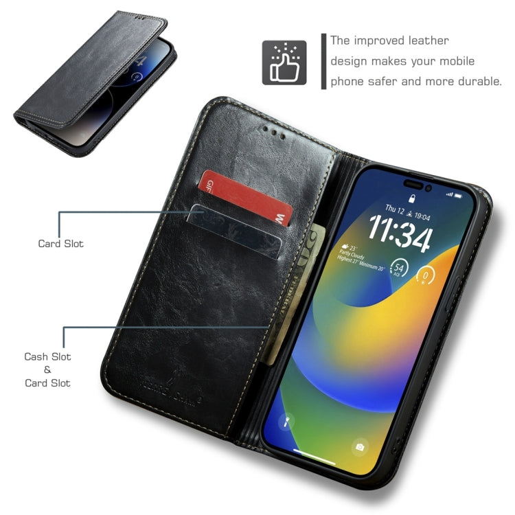 For iPhone 15 Plus Fierre Shann Vintage Bark Texture Wallet Leather Phone Case(Black) by FIERRE SHANN