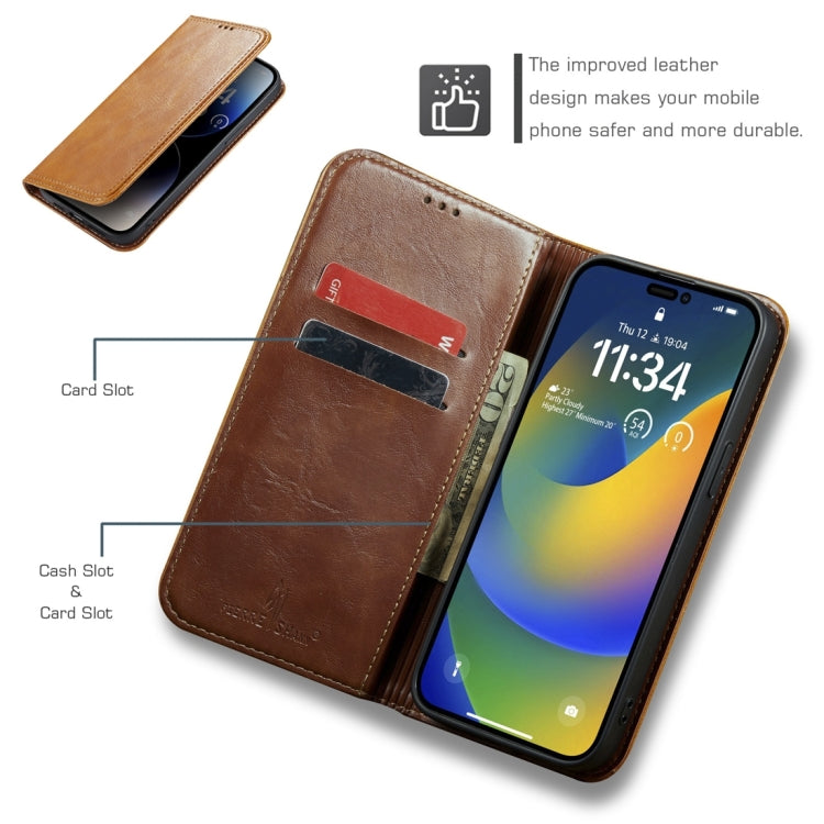 For iPhone 15 Fierre Shann Vintage Bark Texture Wallet Leather Phone Case(Khaki) by FIERRE SHANN