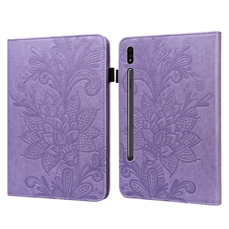For Samsung Galaxy Tab S9 Lace Flower Embossing Pattern Leather Tablet Case(Purple) by bashfashion