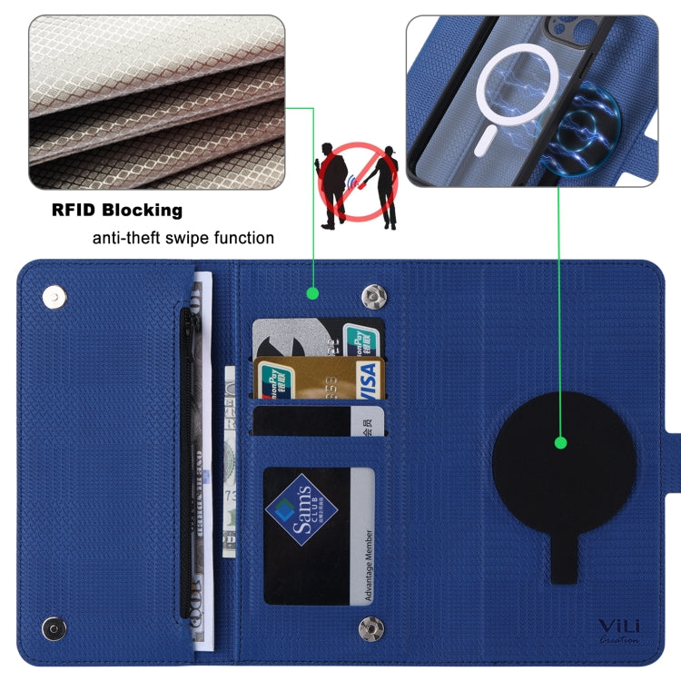 For iPhone 14 Plus ViLi GHB Series MagSafe Magnetic Zipper Leather Phone Case(Blue) by ViLi