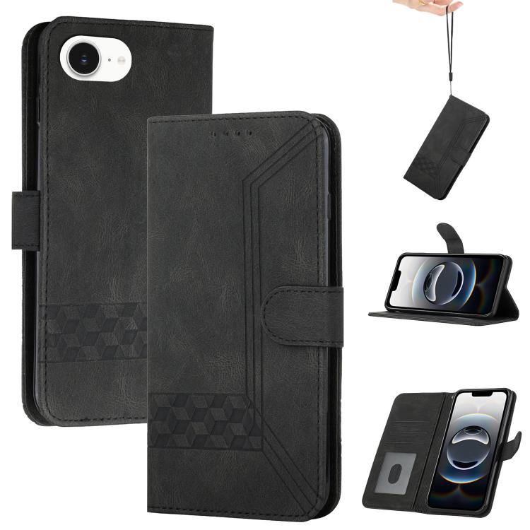 For iPhone 16e Cubic Skin Feel Flip Leather Phone Case(Black) by bashfashion