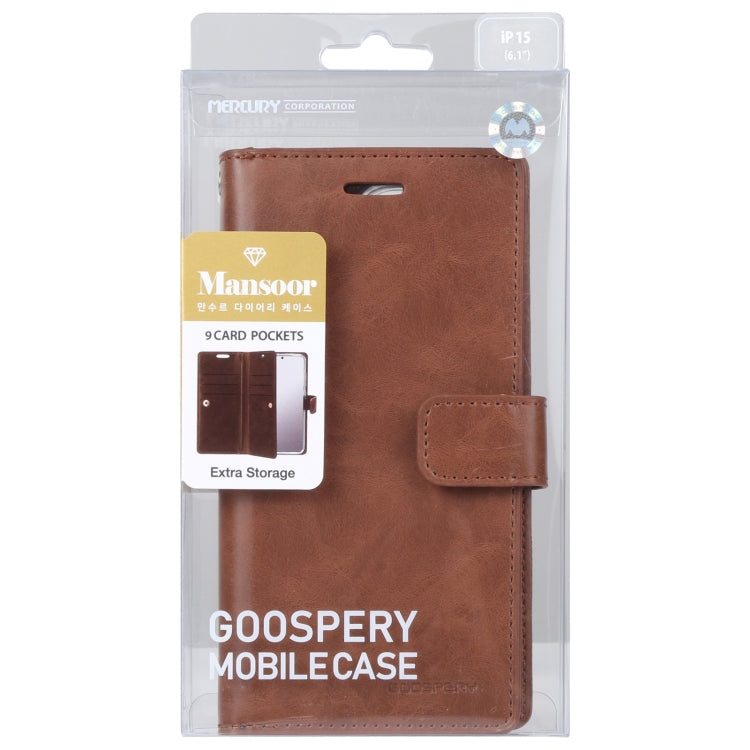 For iPhone 15 GOOSPERY MANSOOR DIARY 9 Card Slots Leather Phone Case(Brown) by GOOSPERY