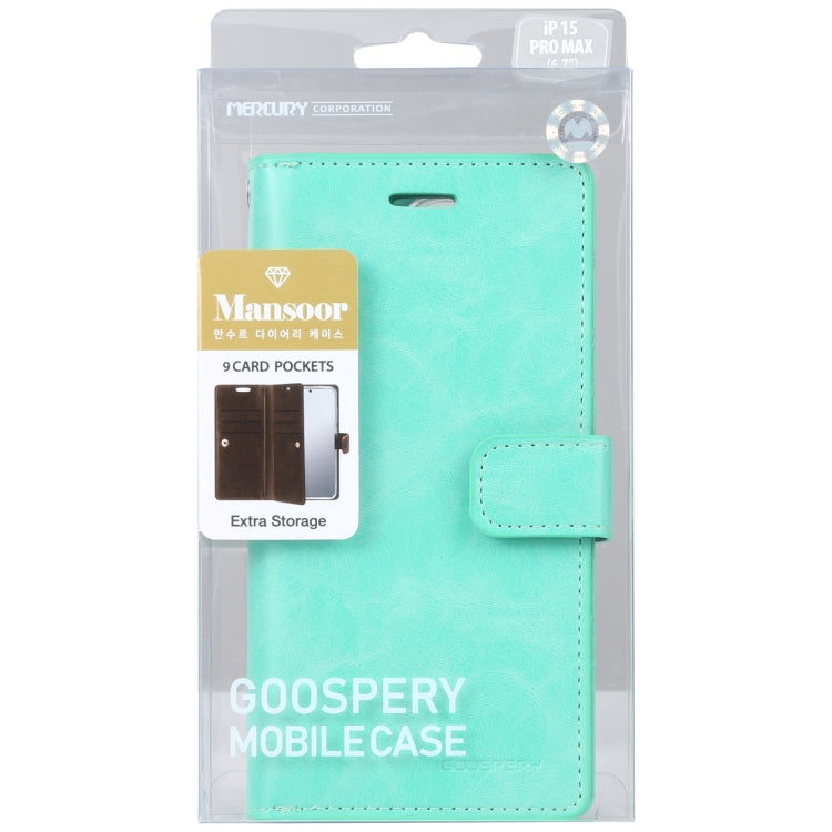 For iPhone 15 Pro GOOSPERY MANSOOR DIARY 9 Card Slots Leather Phone Case(Mint Green) by GOOSPERY