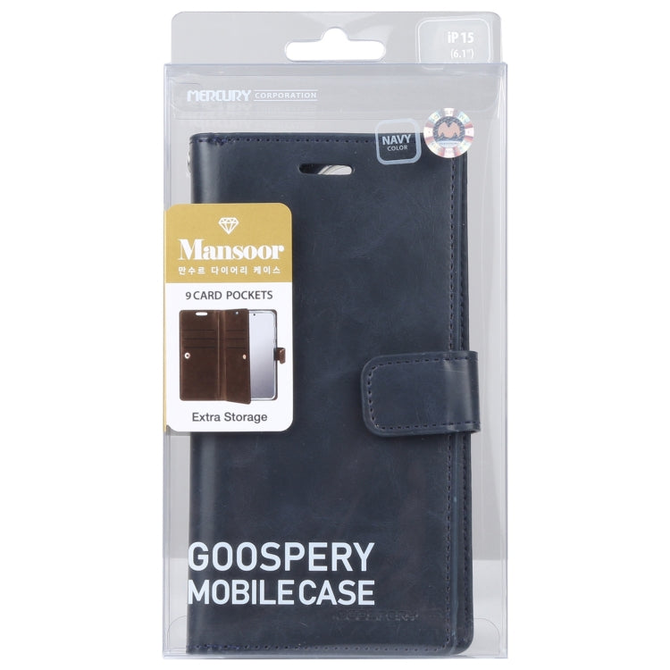 For iPhone 15 Plus GOOSPERY MANSOOR DIARY 9 Card Slots Leather Phone Case(Dark Blue) by GOOSPERY