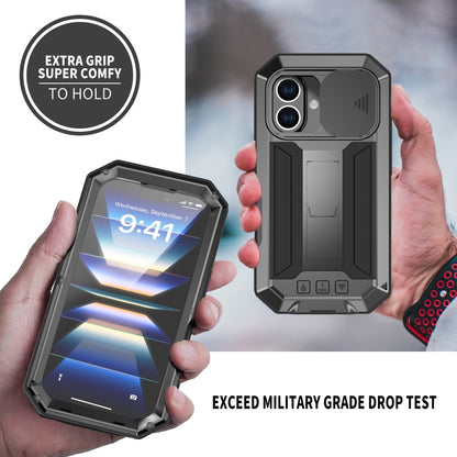 For iPhone 16 R-JUST Sliding Camera IP54 Life Waterproof Holder Phone Case(Black) by R-JUST