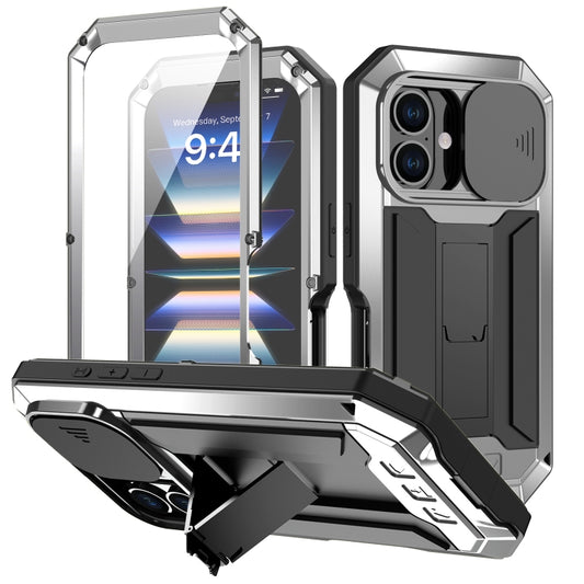 For iPhone 16 R-JUST Sliding Camera IP54 Life Waterproof Holder Phone Case(Silver) by R-JUST