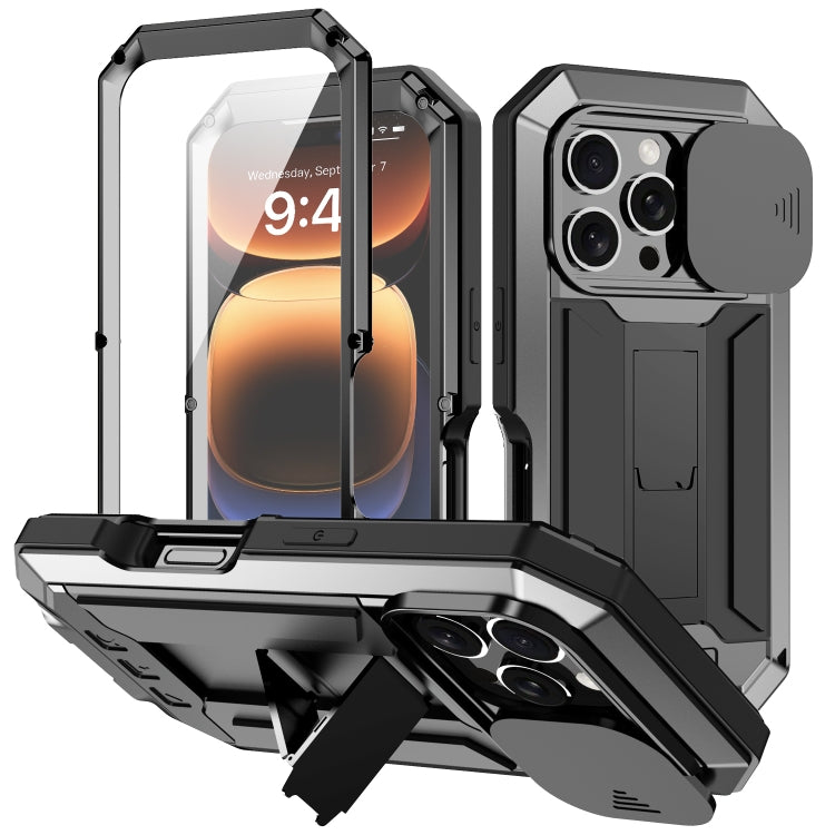 For iPhone 16 Pro Max R-JUST Sliding Camera IP54 Life Waterproof Holder Phone Case(Black) by R-JUST
