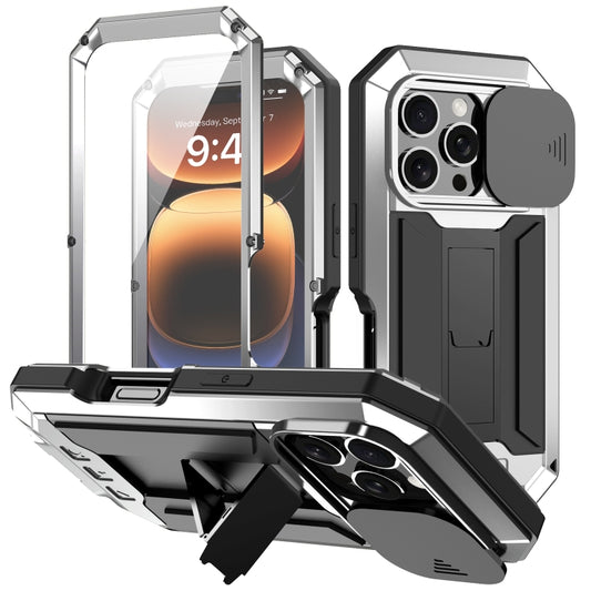 For iPhone 16 Pro Max R-JUST Sliding Camera IP54 Life Waterproof Holder Phone Case(Silver) by R-JUST