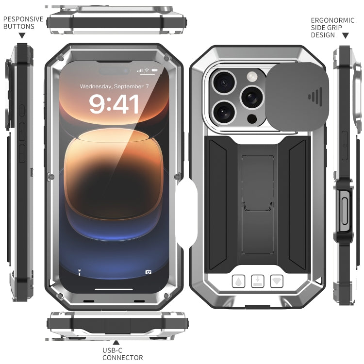 For iPhone 16 Pro Max R-JUST Sliding Camera IP54 Life Waterproof Holder Phone Case(Silver) by R-JUST