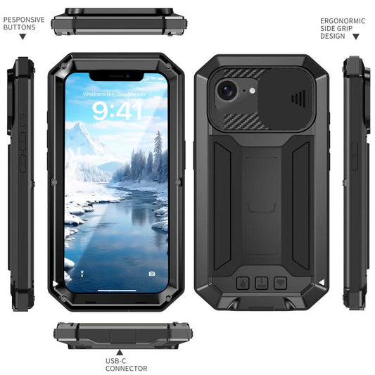 For iPhone 16e R-JUST Sliding Camera IP54 Life Waterproof Holder Phone Case(Black) by R-JUST