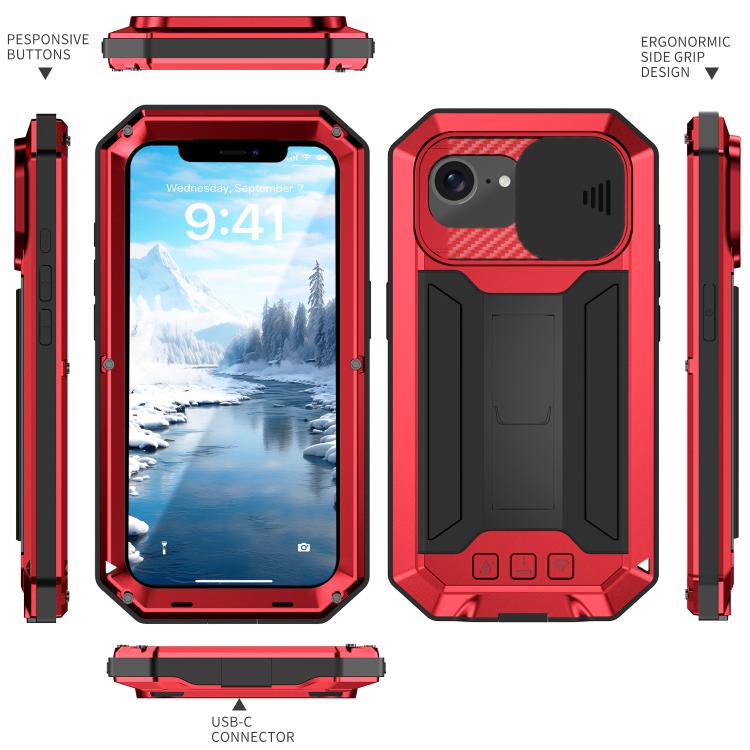 For iPhone 16e R-JUST Sliding Camera IP54 Life Waterproof Holder Phone Case(Red) by R-JUST