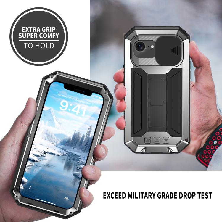 For iPhone 16e R-JUST Sliding Camera IP54 Life Waterproof Holder Phone Case(Silver) by R-JUST