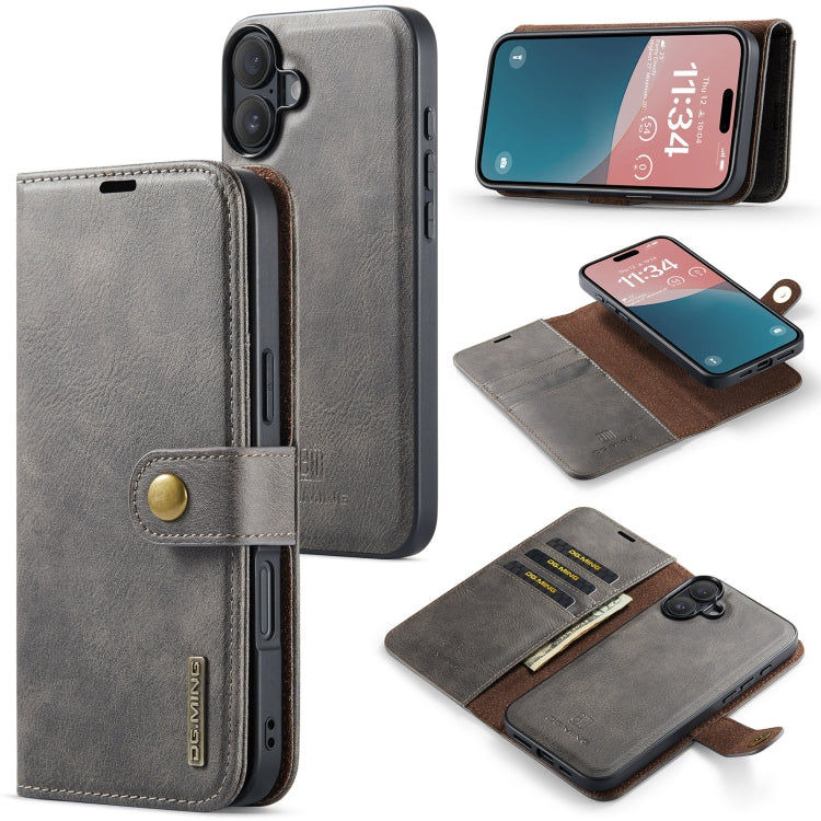 For iPhone 16 DG.MING Crazy Horse Texture Detachable Magnetic Leather Phone Case(Grey) by DG.MING