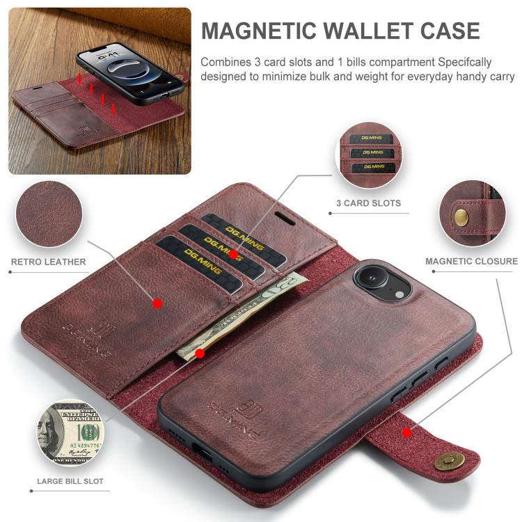 For iPhone 16e DG.MING Crazy Horse Texture Detachable Magnetic Leather Phone Case(Red) by DG.MING