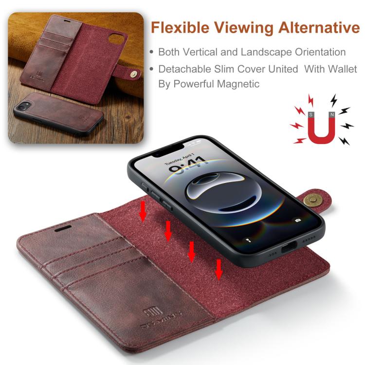 For iPhone 16e DG.MING Crazy Horse Texture Detachable Magnetic Leather Phone Case(Red) by DG.MING