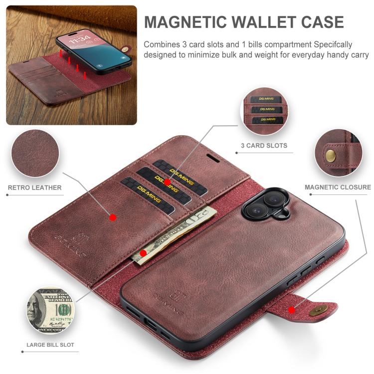 For iPhone 17 DG.MING Crazy Horse Texture Detachable Magnetic Leather Phone Case(Red) by DG.MING