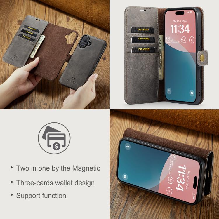 For iPhone 17 DG.MING Crazy Horse Texture Detachable Magnetic Leather Phone Case(Grey) by DG.MING