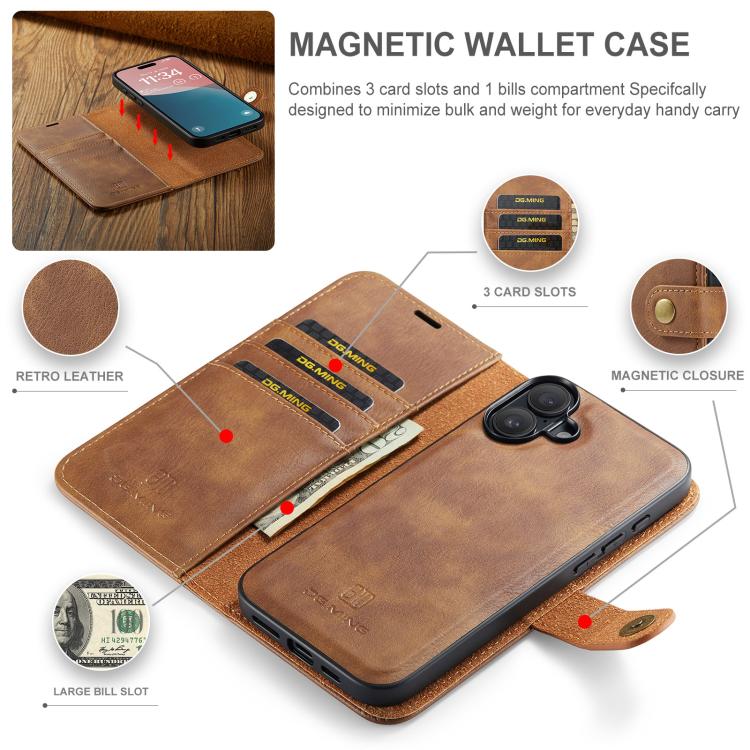 For iPhone 17 DG.MING Crazy Horse Texture Detachable Magnetic Leather Phone Case(Brown) by DG.MING