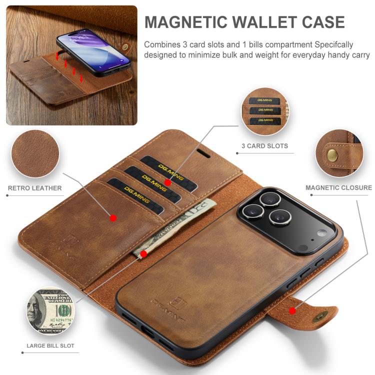 For iPhone 17 Pro DG.MING Crazy Horse Texture Detachable Magnetic Leather Phone Case(Brown) by DG.MING