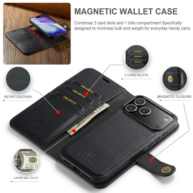 For iPhone 17 Pro DG.MING Crazy Horse Texture Detachable Magnetic Leather Phone Case(Black) by DG.MING